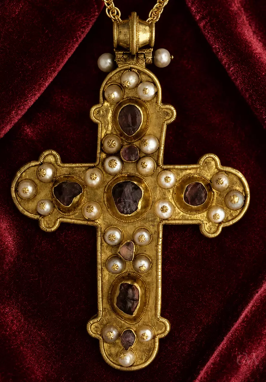 Byzantine Reliquary Cross In Silver Gilt With Pearls And Precious Stones At Vatopedi