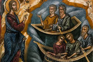 Calling Of The Apostles Fresco Depicting Christ On A Rocky Shore Gesturing.