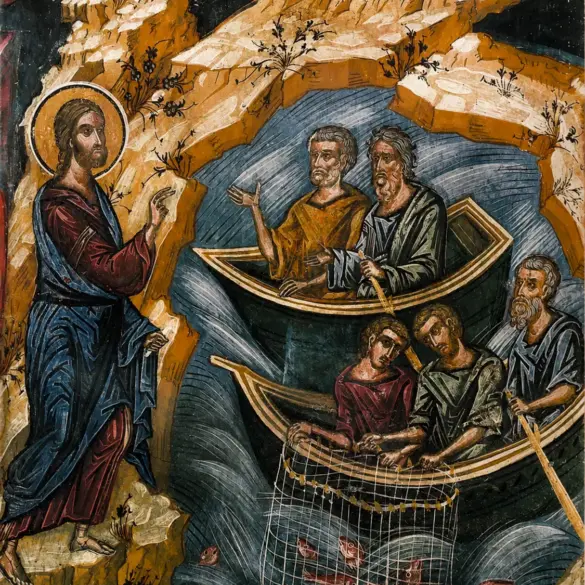 Calling Of The Apostles Fresco Depicting Christ On A Rocky Shore Gesturing.