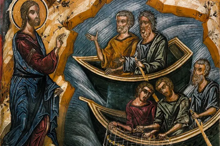 Calling Of The Apostles Fresco Depicting Christ On A Rocky Shore Gesturing.