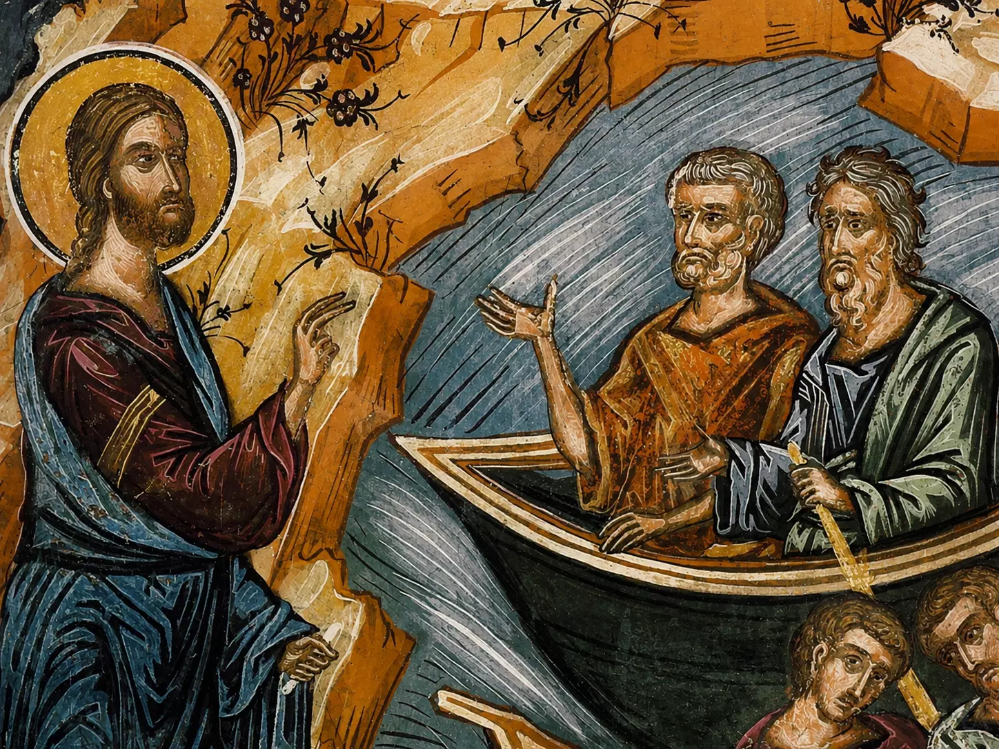 Calling Of The Apostles Fresco Detail Illustrating Christ Conversing With Two Disciples In A Wooden Boat.