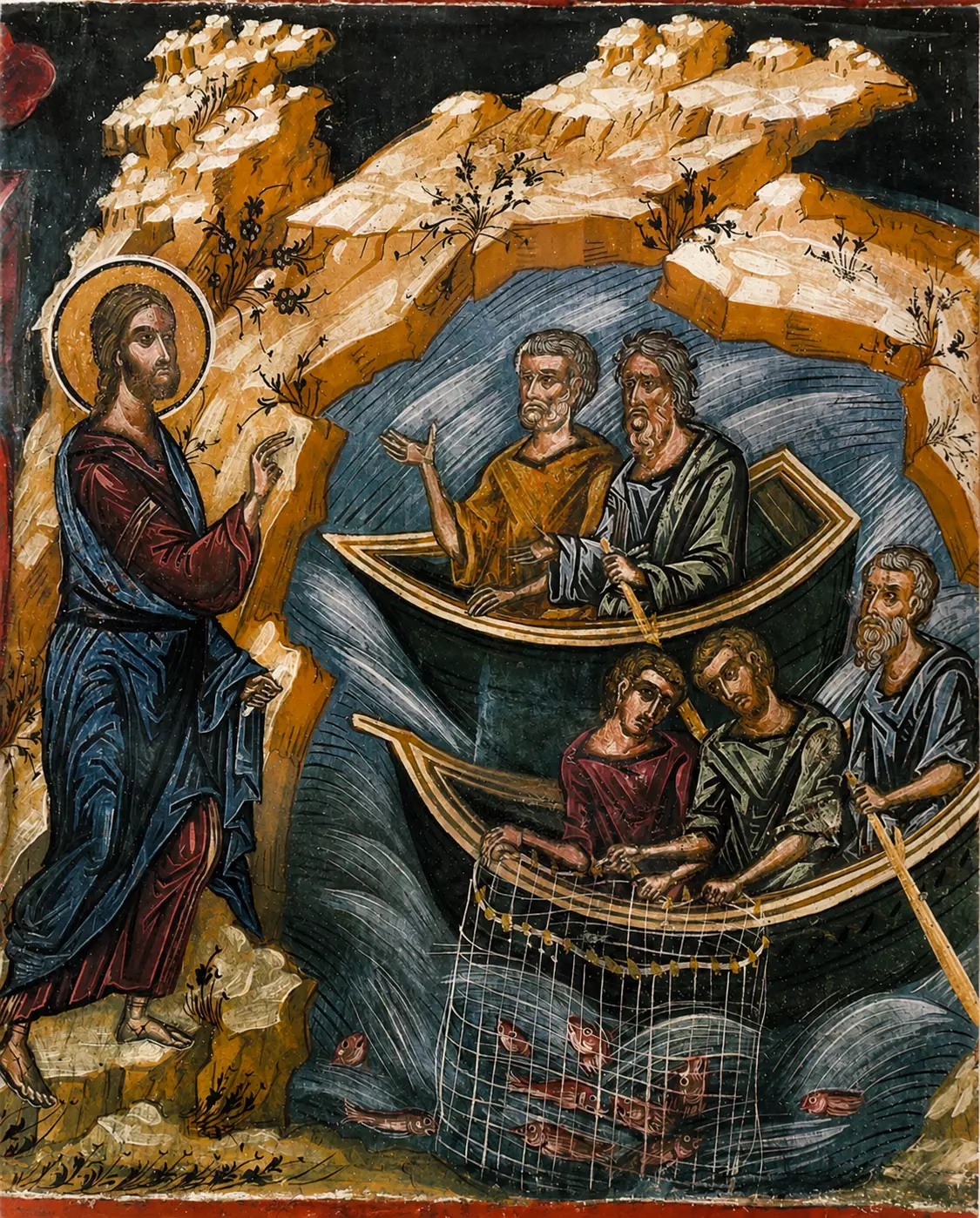 Calling Of The Apostles Fresco Depicting Christ On A Rocky Shore Gesturing.