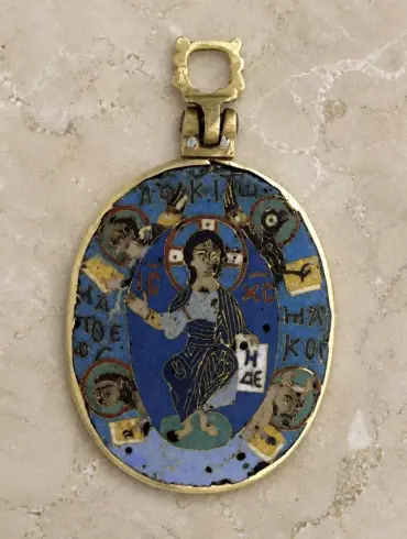Christ In Glory Enkolpion At Vatopedi With Blue Cloisonné Enamel And Evangelist Symbols