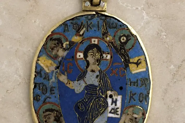 Christ In Glory Enkolpion At Vatopedi With Blue Cloisonné Enamel And Evangelist Symbols