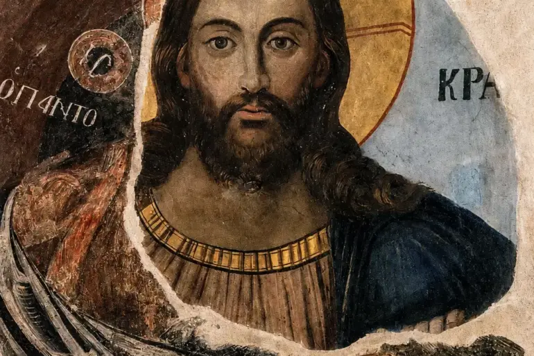 Christ Pantokrator Chrysafa Dome Wall Painting With Gospel Book And Gold Halo
