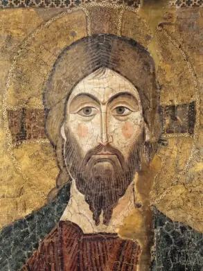 Christ Pantokrator Mosaic Icon Detail Showing The Face, Cruciform Halo And Fine Tesserae