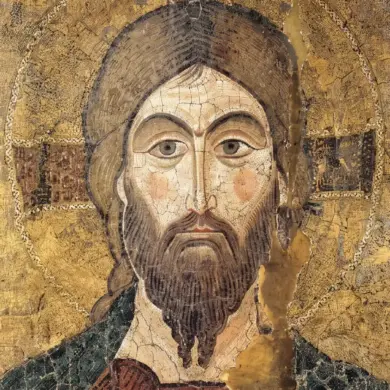 Christ Pantokrator Mosaic Icon Detail Showing The Face, Cruciform Halo And Fine Tesserae