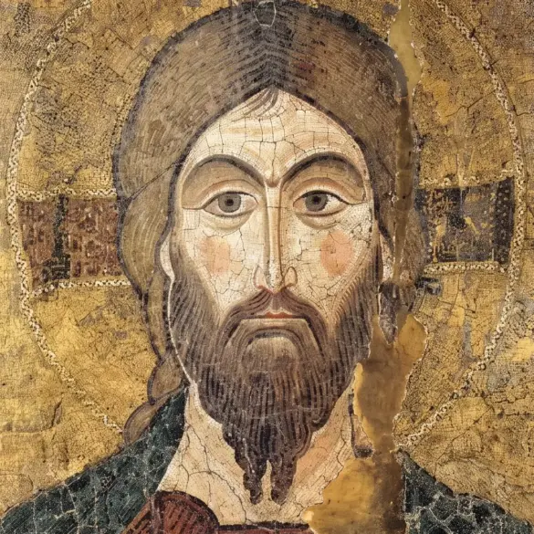 Christ Pantokrator Mosaic Icon Detail Showing The Face, Cruciform Halo And Fine Tesserae