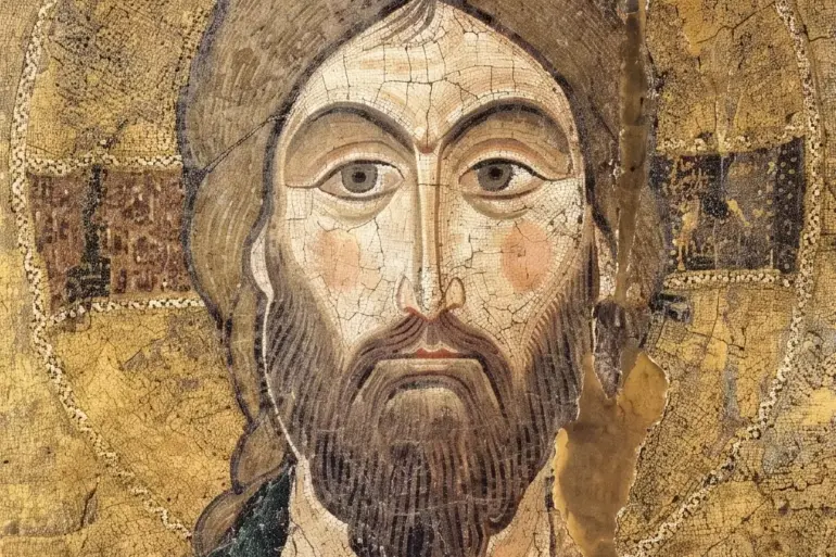 Christ Pantokrator Mosaic Icon Detail Showing The Face, Cruciform Halo And Fine Tesserae