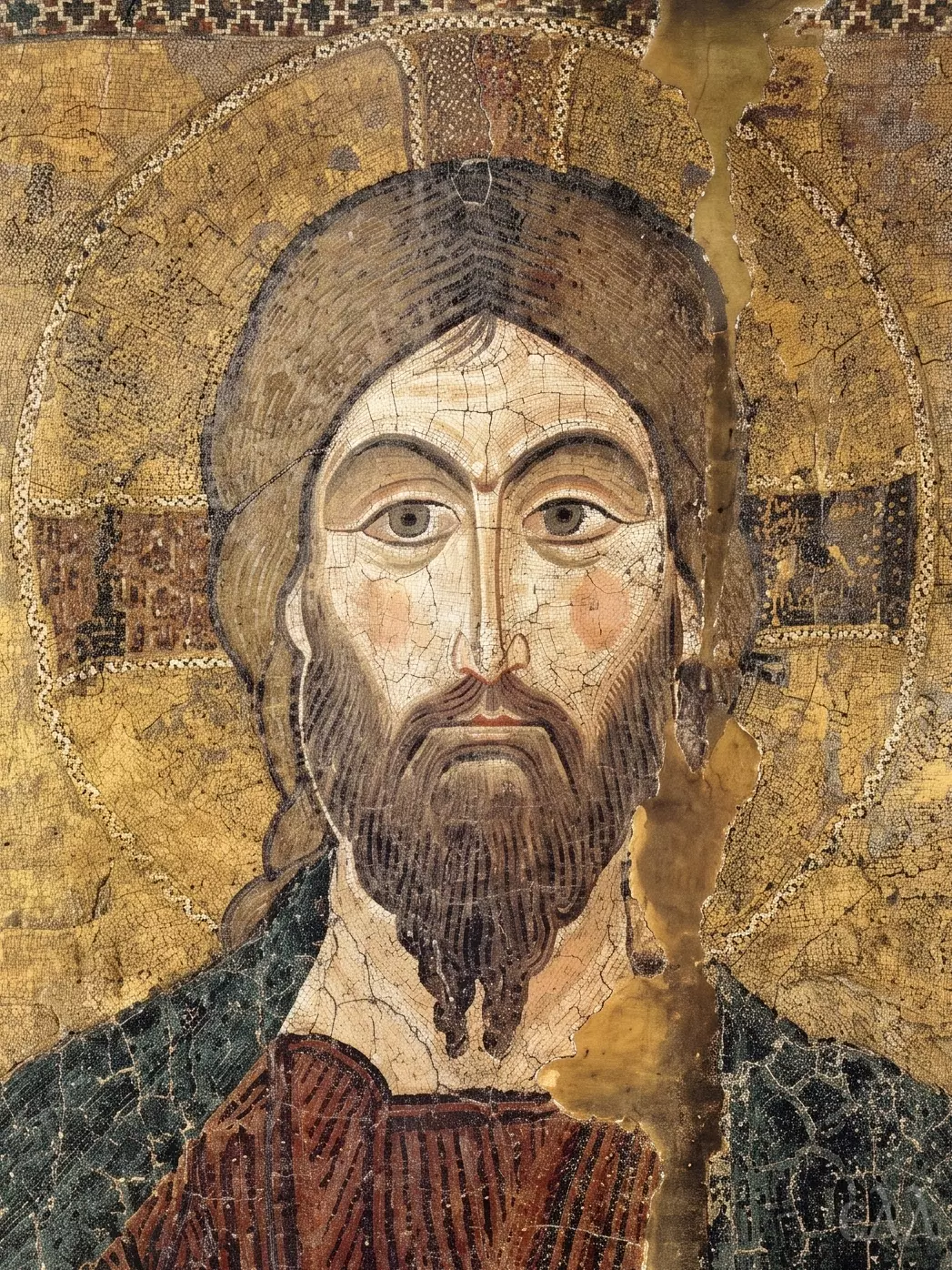 Christ Pantokrator Mosaic Icon Detail Showing The Face, Cruciform Halo And Fine Tesserae