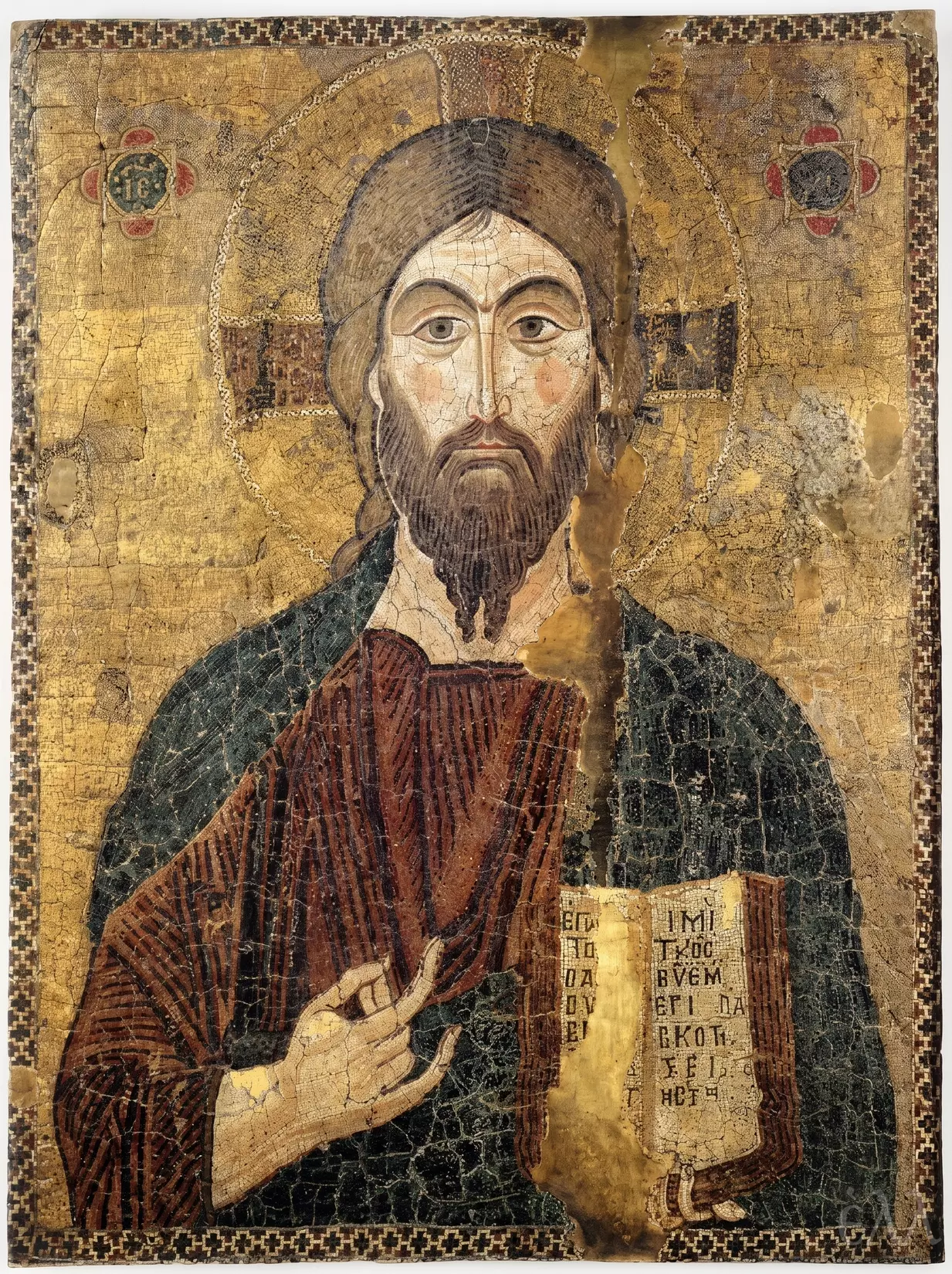Christ Pantokrator Mosaic Icon At The Bargello With Open Gospel, Blessing Gesture And Gold Ground