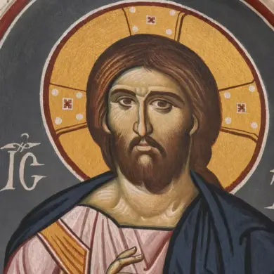 Detail Of Christ Pantokrator At Panagia Kapnikarea With Blessing Hand And Gospel.