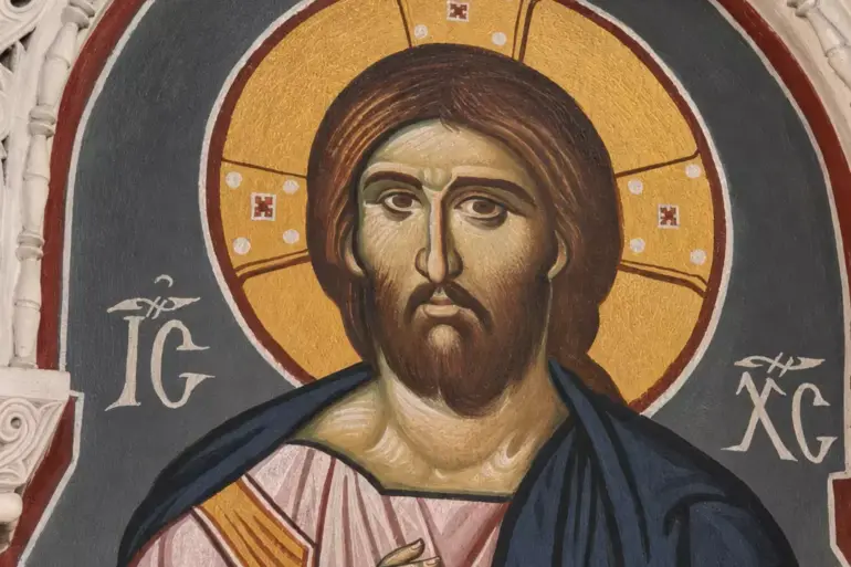 Detail Of Christ Pantokrator At Panagia Kapnikarea With Blessing Hand And Gospel.