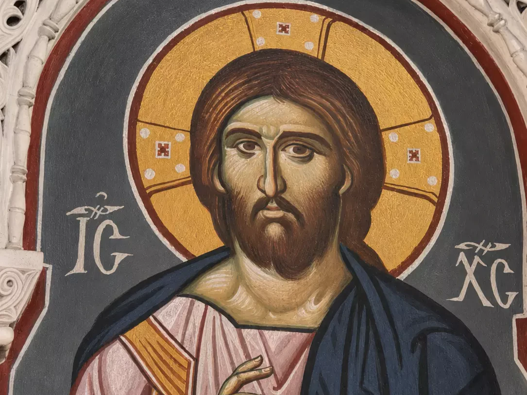 Detail Of Christ Pantokrator At Panagia Kapnikarea With Blessing Hand And Gospel.