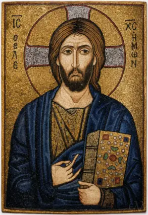 Christ The Merciful Mosaic Icon With Jewelled Gospel Book And Cruciform Halo