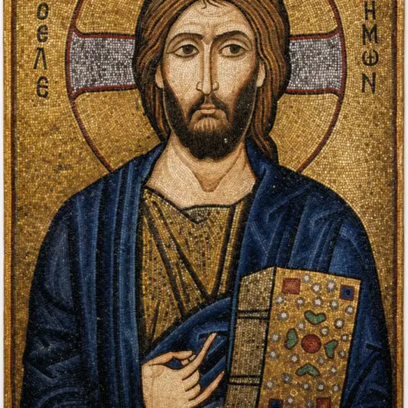 Christ The Merciful Mosaic Icon With Jewelled Gospel Book And Cruciform Halo
