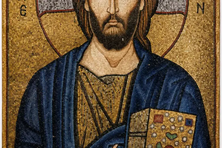 Christ The Merciful Mosaic Icon With Jewelled Gospel Book And Cruciform Halo
