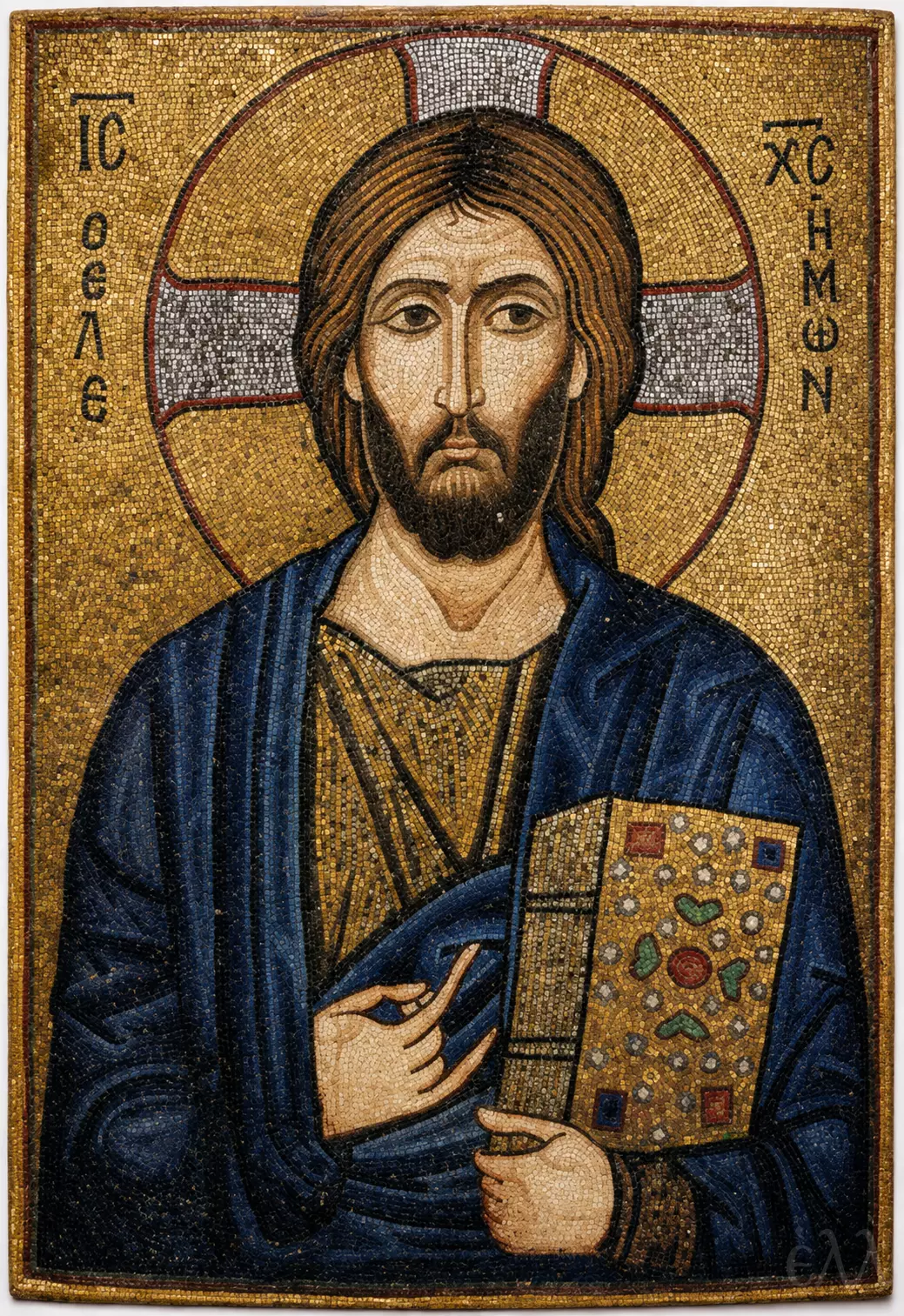 Christ The Merciful Mosaic Icon With Jewelled Gospel Book And Cruciform Halo