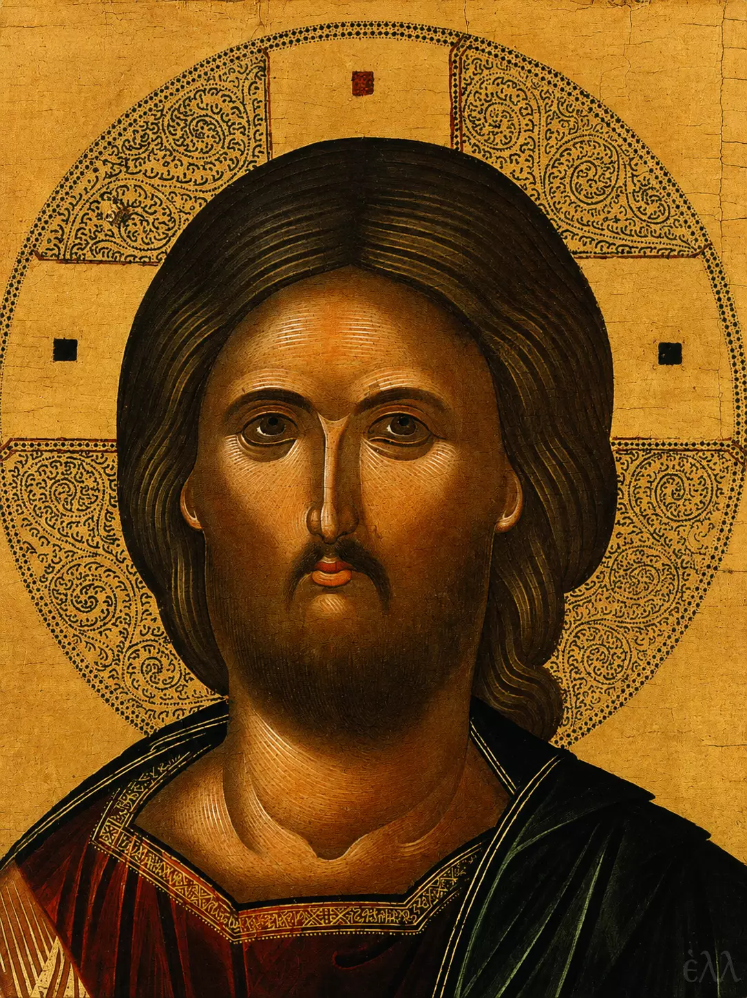 Cretan Christ Pantokrator Icon Showing Delicate Facial Modelling, Transparent Eyes, And A Decorated Gold Halo.