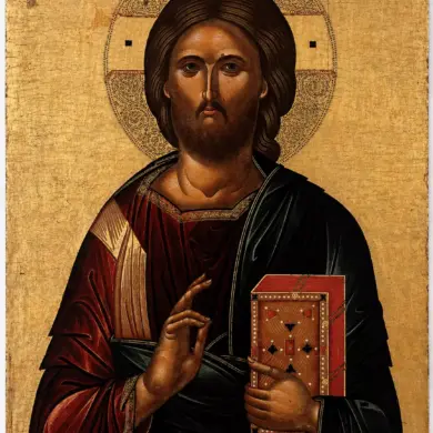 Late Fifteenth-Century Cretan Christ Pantokrator Icon With Blessing Gesture And Closed Gospel Book.