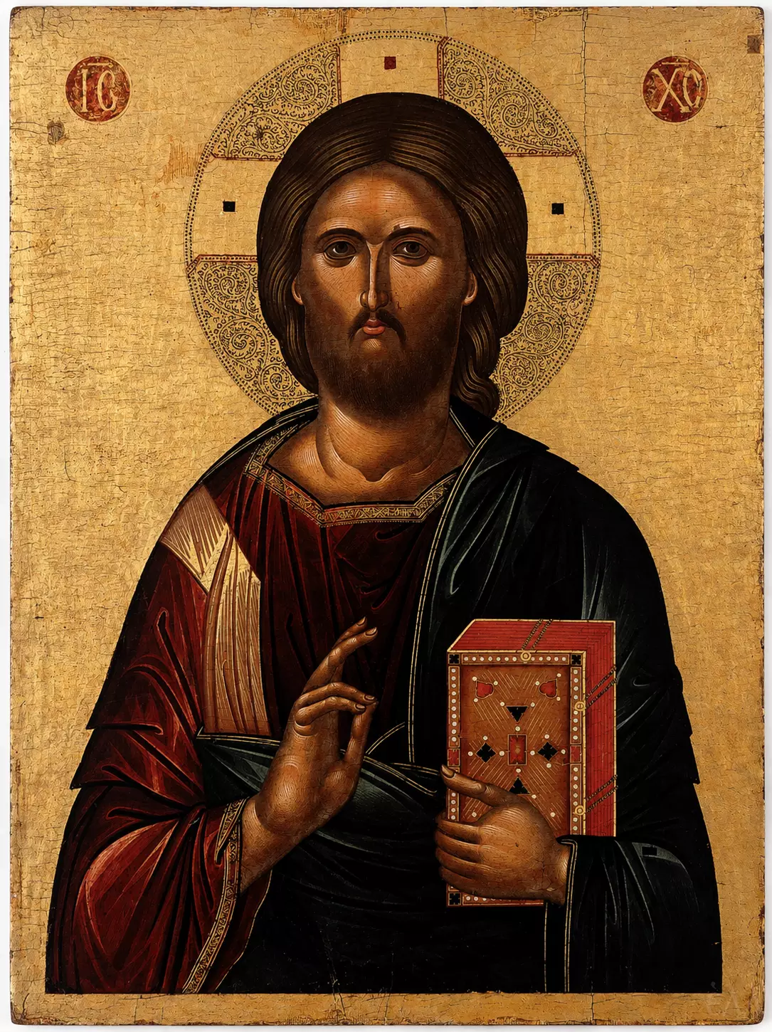 Late Fifteenth-Century Cretan Christ Pantokrator Icon With Blessing Gesture And Closed Gospel Book.