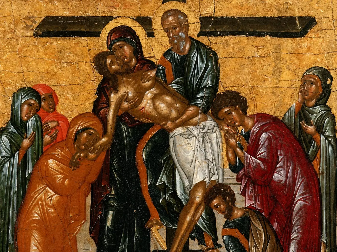 La Deposizione: Icona Post-Bizantina Del Xv Secolo 9 Dettaglio Dell'Icona Post-Bizantina Della Deposizione Con Un Giovane Che Estrae I Chiodi.