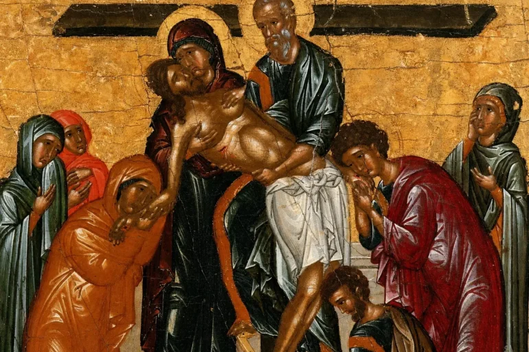 Detalle De Icono Posbizantino Del Descendimiento Con Un Joven Que Extrae Los Clavos