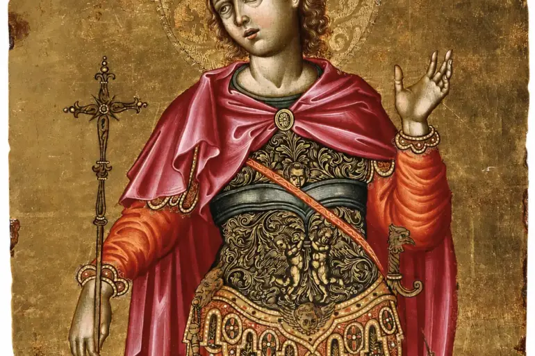 Sankt Govdelaas-ikonet af Emmanuel Tzanes, 1655, med kors og fjerkrone