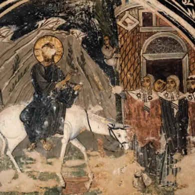 Affresco dell'Ingresso di Gerusalemme a Hosios Loukas, raffigurante Cristo su un asino bianco che si avvicina alla Porta della Città e al popolo di Gerusalemme.