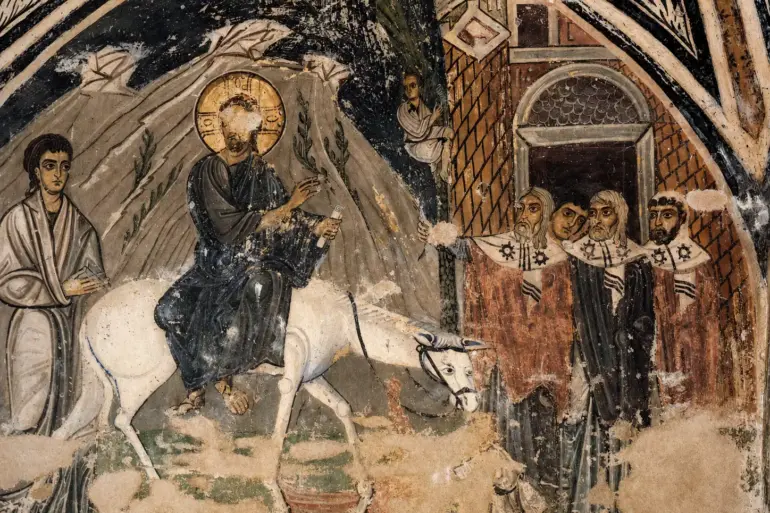 Entry Into Jerusalem Fresco At Hosios Loukas Showing Christ On A White Donkey Approaching The City Gate And The People Of Jerusalem.