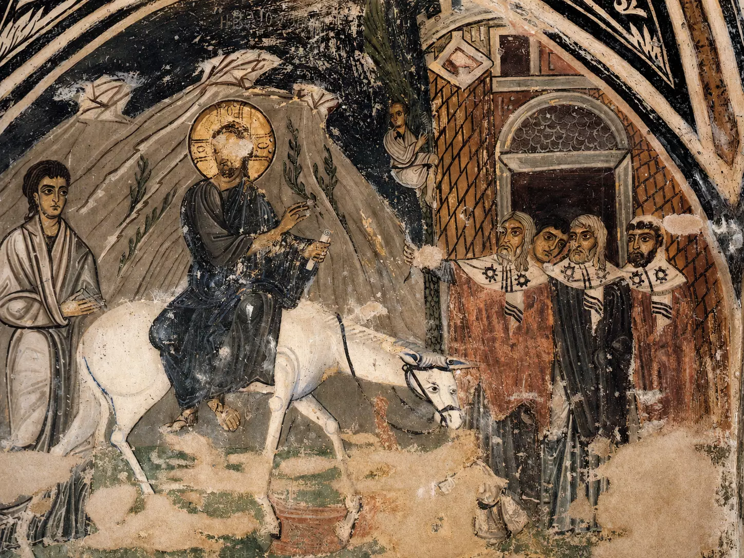 Entry Into Jerusalem Fresco At Hosios Loukas Showing Christ On A White Donkey Approaching The City Gate And The People Of Jerusalem.