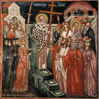 La Exaltación De La Santa Cruz En Un Fresco Posbizantino Del Monasterio De Los Filántropos