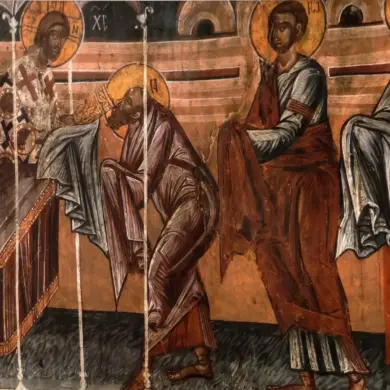 Communion Of The Apostles By Georgios Moschos, With Christ Administering Communion To The Bowed Apostle Peter