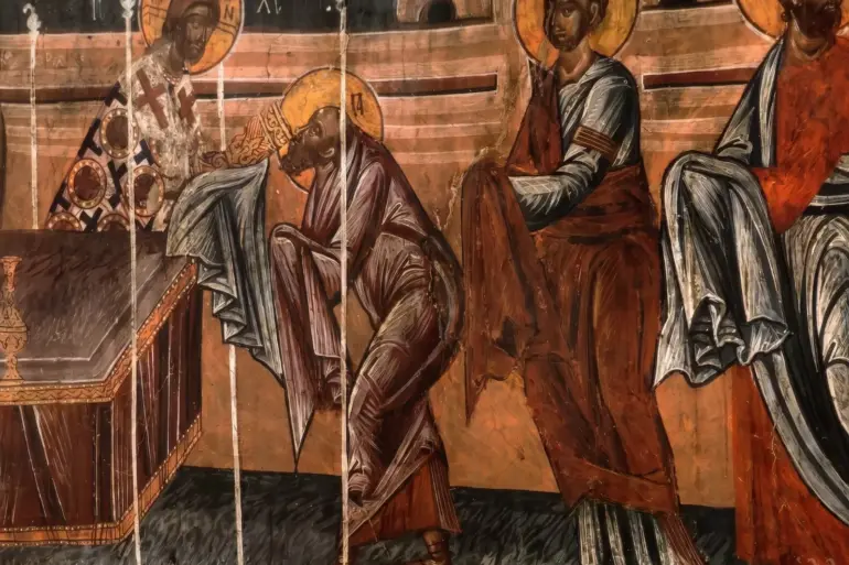 Communion Of The Apostles By Georgios Moschos, With Christ Administering Communion To The Bowed Apostle Peter
