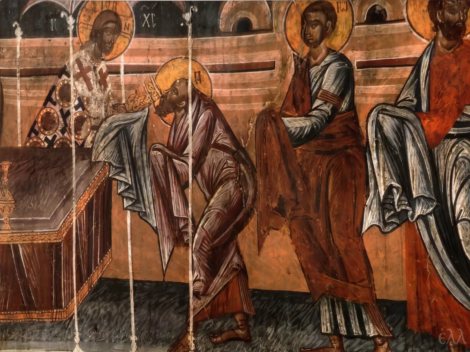 Communion Of The Apostles By Georgios Moschos, With Christ Administering Communion To The Bowed Apostle Peter