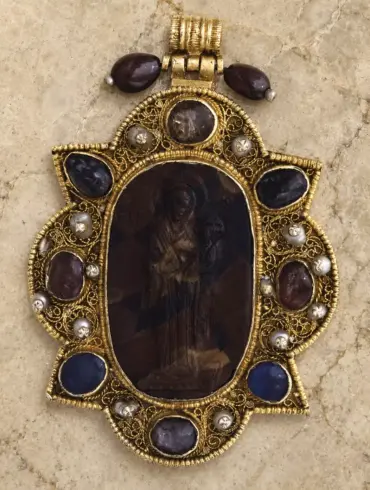Hodegetria Hematite Enkolpion With Gilt Silver Filigree, Gemstones And Pearls