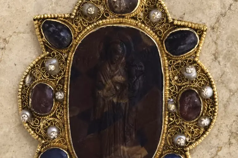 Hodegetria Hematite Enkolpion With Gilt Silver Filigree, Gemstones And Pearls