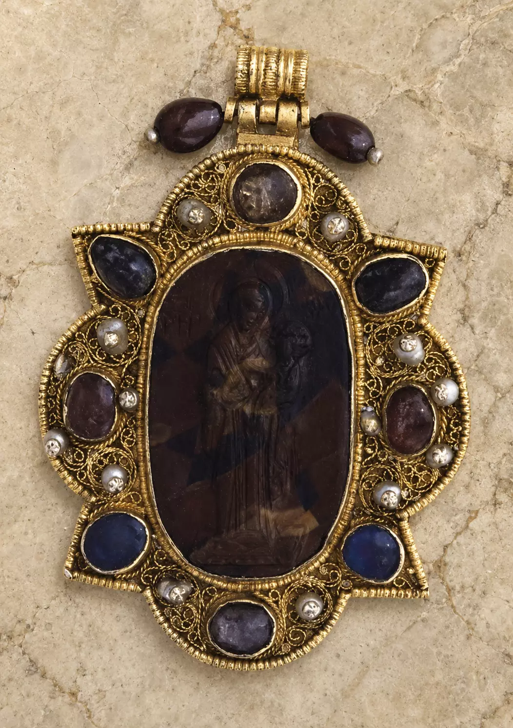 Hodegetria Hematite Enkolpion With Gilt Silver Filigree, Gemstones And Pearls