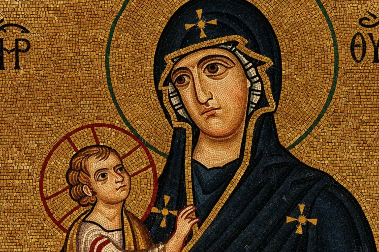 Détail Des Visages De L'Hodegetria Et De L'Enfant, Art Byzantin D'Hosios Loukas