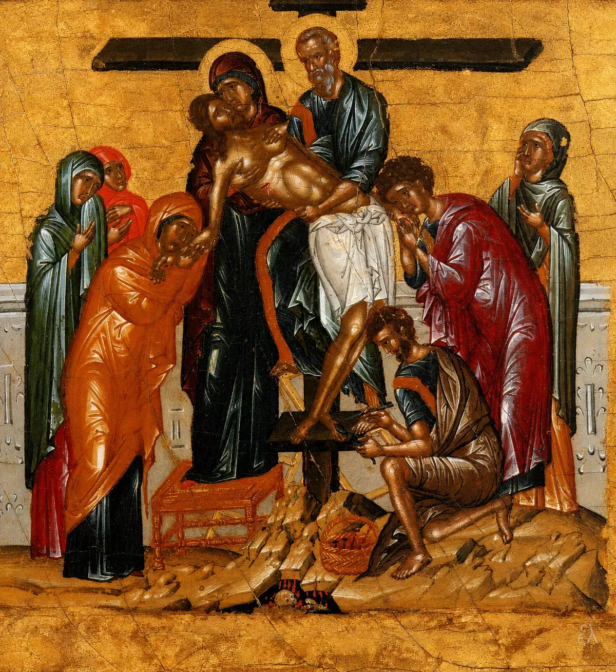 La Deposizione: Icona Post-Bizantina Del Xv Secolo 8 Icona Post-Bizantina Della Deposizione Con La Vergine E Giuseppe Attorno A Cristo.