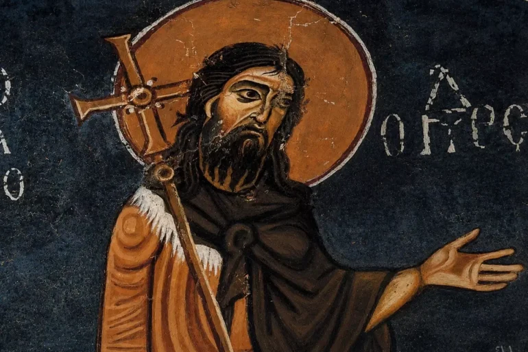 John The Forerunner: Hosios Loukas Byzantine Fresco 8 Close-Up Detail Of The Face In The John The Baptist Byzantine Fresco With The Halo