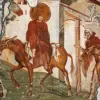 Journey To Bethlehem Fresco With The Haloed Virgin On A Mule And Joseph With Staff