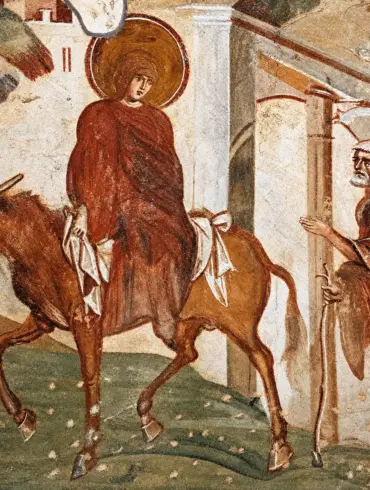 Journey To Bethlehem Fresco With The Haloed Virgin On A Mule And Joseph With Staff
