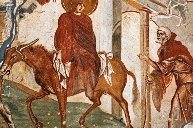 Journey To Bethlehem Fresco With The Haloed Virgin On A Mule And Joseph With Staff