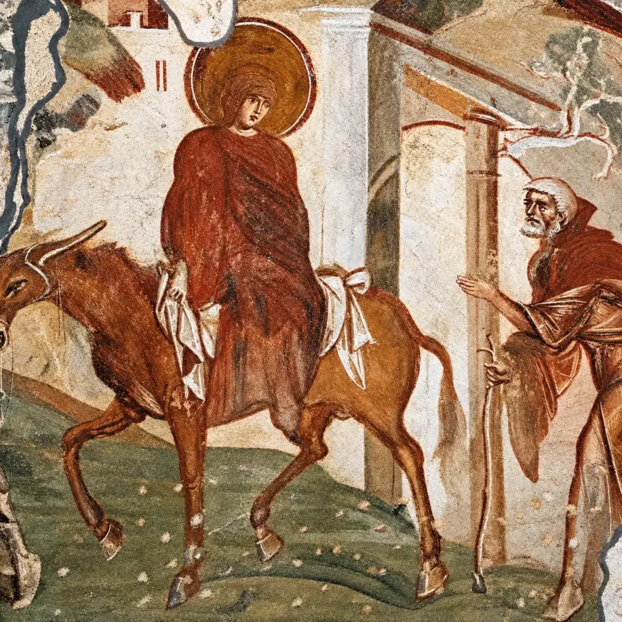 Journey To Bethlehem Fresco With The Haloed Virgin On A Mule And Joseph With Staff