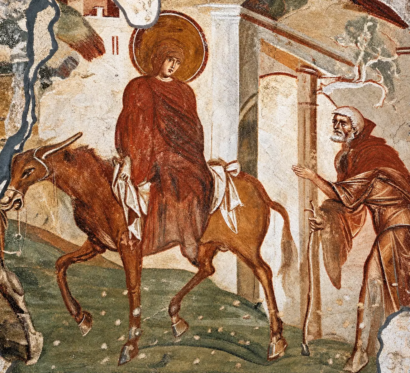 Journey To Bethlehem Fresco With The Haloed Virgin On A Mule And Joseph With Staff