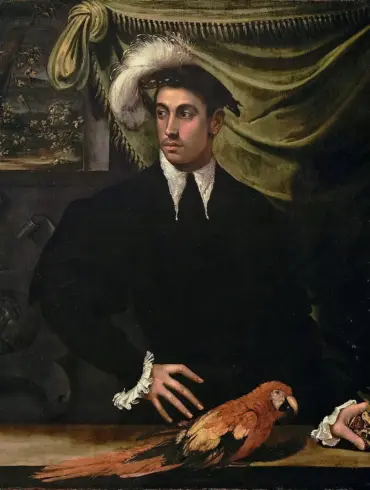 Man With Parrot By Niccolò Dell'Abate With A Young Man, Red Parrot And Pomegranate
