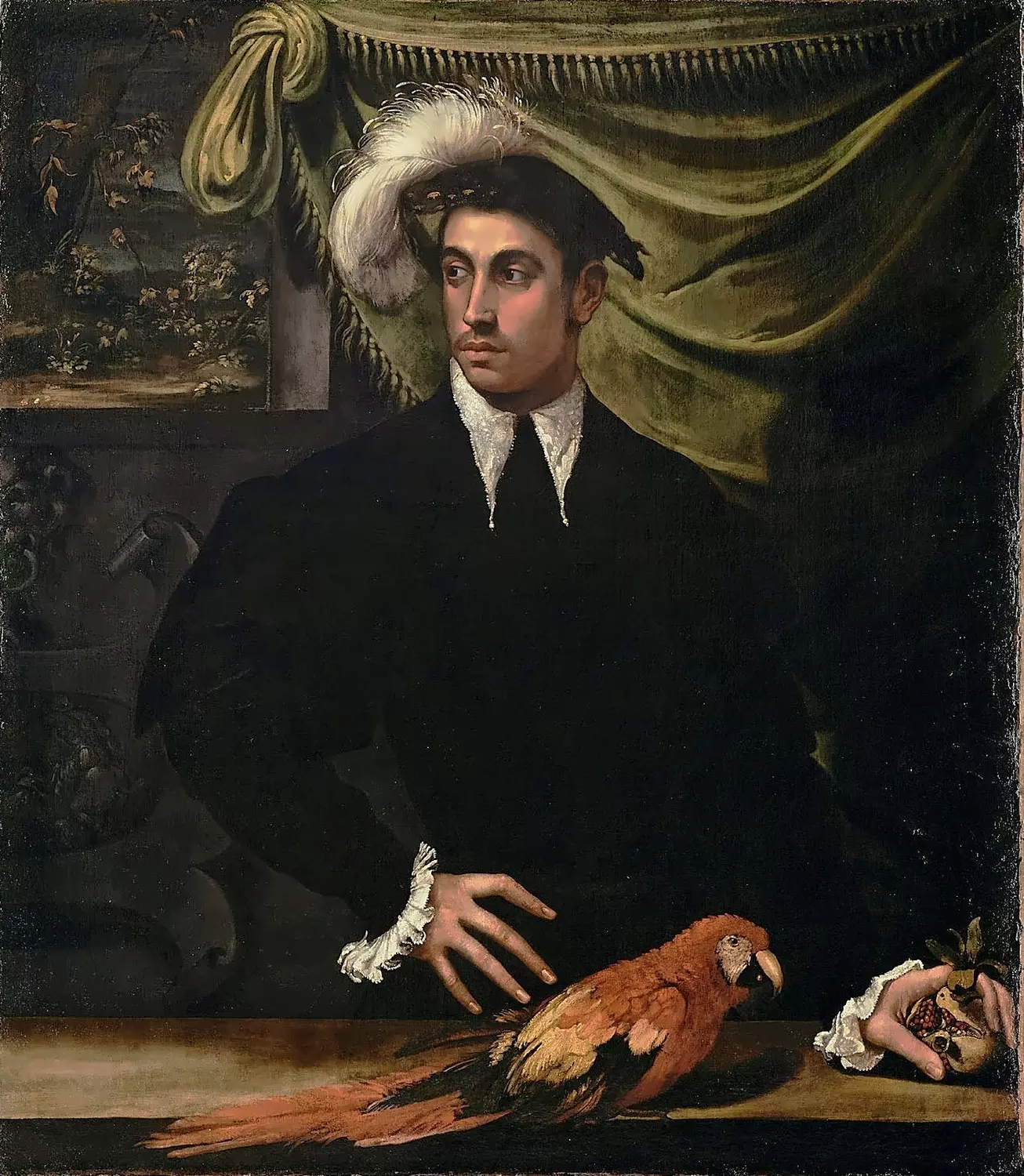 Man With Parrot By Niccolò Dell'Abate With A Young Man, Red Parrot And Pomegranate