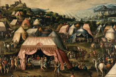 Meeting Of Charles V And The Bey Of Tunis With Tents, Troops And Ships Offshore