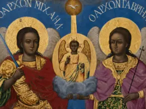 Michael And Gabriel Icon With The Two Archangels, Winged Christ And The Holy Spirit Above.